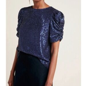 by Anthropologie‎ Sequins Puff Sleeve Blouse Dark Blue Women's US-00P Party Glam